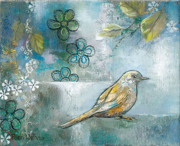 Rian Withaar, FLOWER BIRD I (Vogel, Blüten, flower power, zeitgenössisch, Treppenhaus, Wohnzimmer, Wunschgröße, Malerei, grau/blau)