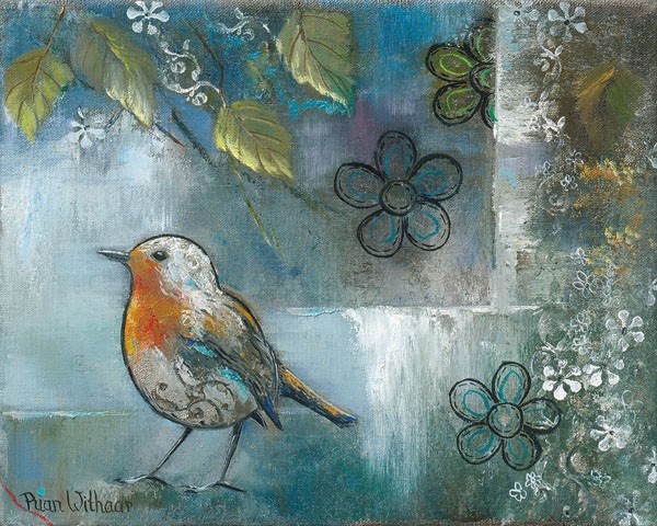 Rian Withaar, FLOWER BIRD II (Vogel, Rotkehlchen, Blüten, flower power, zeitgenössisch, Treppenhaus, Wohnzimmer, Wunschgröße, Malerei, grau/blau)