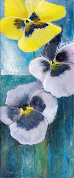 Rian Withaar, VIOLETS I (Blumen, Blüten, Stiefmütterchen, Blütenblätter, Pflanze, modern, zeitgenössisch, Treppenhaus, Wohnzimmer, Wunschgröße, Malerei, bunt)