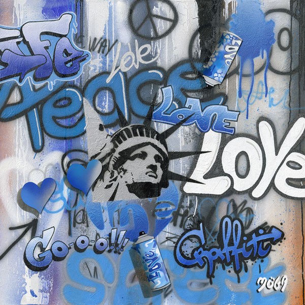 Möga, PEACE LOVE GRAFFITY (Graffity, Sprayer, Pop, Comic, explosiv, modern, grell, Wild, Spraydose, Typographie, Wandmalerei, Wunschgröße, Jugendzimmer, bunt)