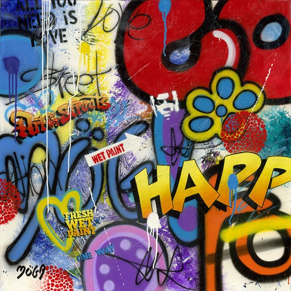 Möga, HAPPY GRAFFITY (Graffity, Sprayer, Pop, Comic, explosiv, modern, grell, Wild,  Typographie, Wandmalerei, Wunschgröße, Jugendzimmer, bunt)