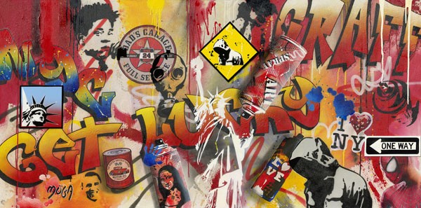 Möga, GET LUCKY GRAFFITY (Graffity, Sprayer, Pop, Comic, explosiv, modern, grell, Wild, Spraydose, Typographie, Wandmalerei, Wunschgröße, Jugendzimmer, bunt)