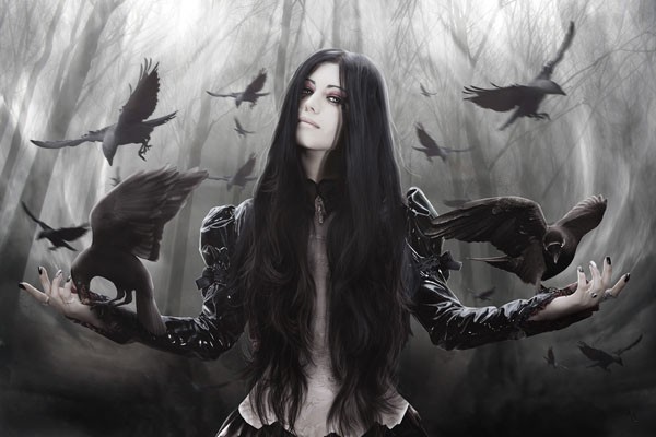 Babette, JACKDAW (Magierin, Dohlen, Gothik,  Magie, mystisch, Fantasy, Traumwelt, Märchen, Jugendzimmer, Schlafzimmer, Wohnzimmer, Treppenhaus, Wunschgröße, Digitalkunst, schwarz/weiß)