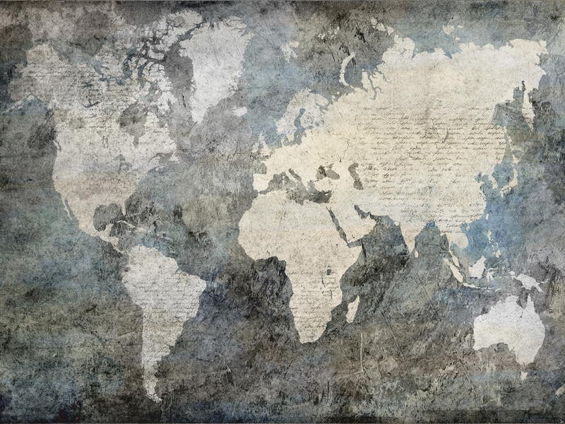 Jane Fox, WORLD MAP GRAY (Weltkarte, Kontinente, diffus, verschwommen, modern, Wunschgröße, Wohnzimmer, grau/beige)