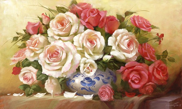 Petrovich Dvoretskiy, RED WHITE ROSES (Blumen, Bouquet, Stillleben,  Rosen, üppig, Malerei, Treppenhaus, Esszimmer, Wohnzimmer, Wunschgröße, bunt)