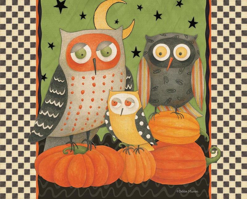 Debby Mumm, PUMPKIN OWLS (Eulen, Eulenfamilie, Kürbisse,  Nacht, Sterne, Mond, Herbst, Jahreszeit, naive Malerei, dekorativ, Küche, Treppenhaus, Kinderzimmer, Wunschgröße, bunt)