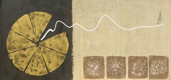 Umang Kikani, THE RISING I (Abstrakt, Farbfelder, Scheibe, Tortenstücke, modern, Büro,  Wohnzimmer, Treppenhaus, Malerei, Wunschgröße, grau /beige)