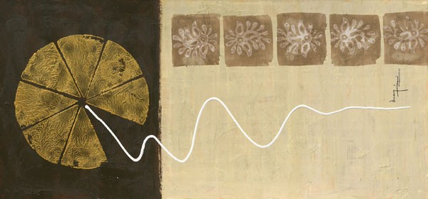 Umang Kikani, THE RISING II (Abstrakt, Farbfelder, Scheibe, Tortenstücke, modern, Büro,  Wohnzimmer, Treppenhaus, Malerei, Wunschgröße, grau /beige)