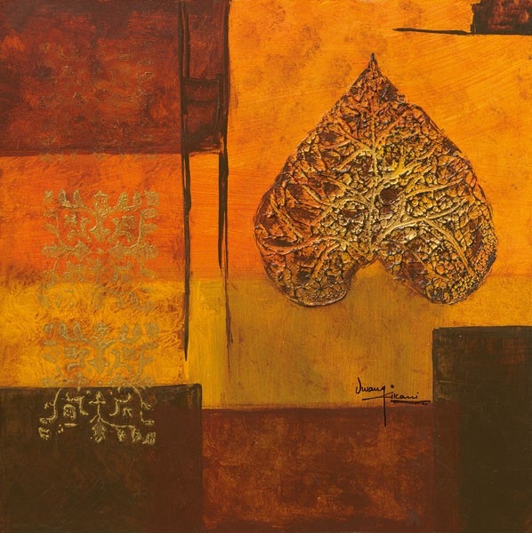 Umang Kikani, LEAFLETS II (Blatt, Struktur, abstrahiert, abstrakte Muster, Farbfelder, modern,  Wohnzimmer, Treppenhaus, Malerei, Wunschgröße, gold/braun)