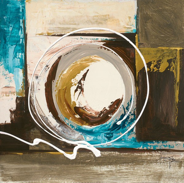 Umang Kikani, SPHERICAL II (Abstrakt, Malerei, geometrische Formen, Kreise,Rechtecke, Linien, Wohnzimmer, Treppenhaus, Arztpraxis, Wunschgröße, braun/blau)