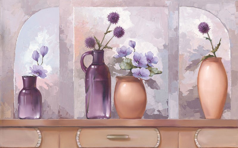 Babichev, COMP LILAC KITCHEN (Malerei, modern, Stillleben, Tisch, Blumenvasen, Blüten, Glaskrüge, Tonkrüge, Fensterbogen, Farbfelder,  dekorativ, Wunschgröße, Esszimmer, Küche, Wohnzimmer, Wunschgröße, bunt)