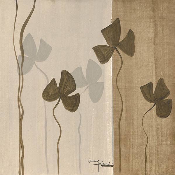 Umang Kikani, DANCING LEAVES I (Abstrakt, Farbfelder, Kleeblätter, Blätter, modern, Büro,  Wohnzimmer, Treppenhaus, Malerei, Wunschgröße, grau /beige)