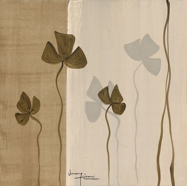 Umang Kikani, DANCING LEAVES II (Abstrakt, Farbfelder, Kleeblätter, Blätter, modern, Büro,  Wohnzimmer, Treppenhaus, Malerei, Wunschgröße, grau /beige)