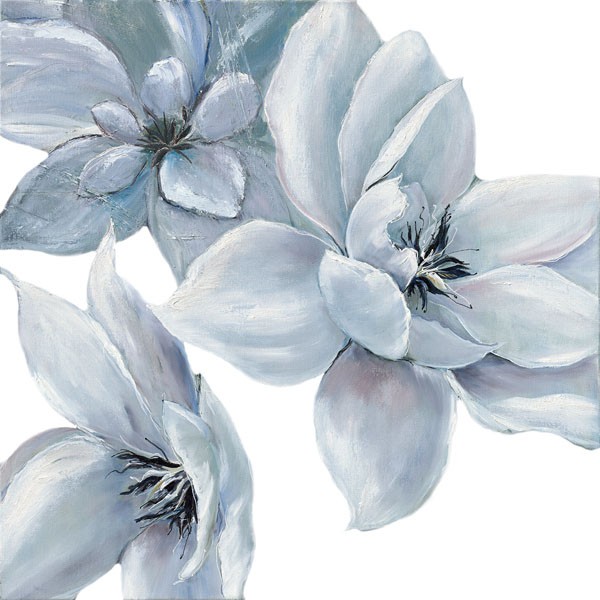 Rian Withaar, BLUE SATIN I (Blume, Blüte, Blütenblätter, modern, zeitgenössisch, Treppenhaus, Wohnzimmer, Wunschgröße, Malerei, bunt)