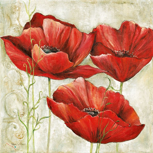 Anna Field, THREE RED POPPIES I (Blumen, Mohnblumen, Blüten, Blütenblätter, floral, modern, zart, Wunschgröße, Wohnzimmer, Treppenhaus, Esszimmer, rot/beige)