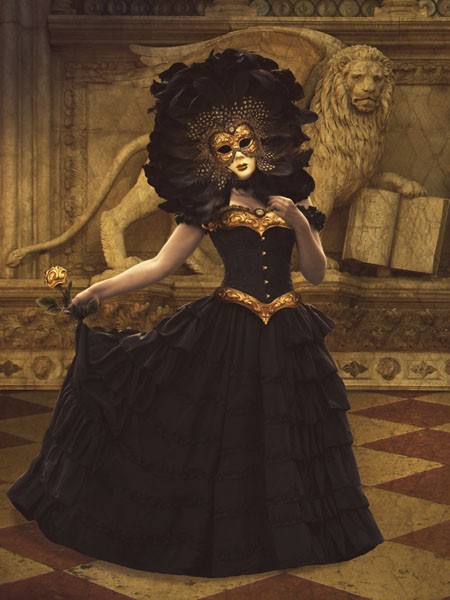 Babette, BAL DU MASK 1 (Maskenball, Maske, Venezianisch, nobel, edel, Adel, Markuslöwe,  Karneval, Jugendzimmer, Schlafzimmer, Wohnzimmer, Treppenhaus, Wunschgröße, Digitalkunst, schwarz/gold)