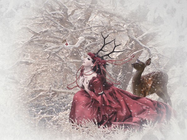 Babette, CHRISTMAS FAIRY (Elfe, Weihnachtselfe, Geweih, Winter, Schnee, Schneetreiben, Reh, Melancholisch, mystisch, Fantasy, Märchen, Traumwelt, Jugendzimmer, Wohnzimmer, Treppenhaus, Wunschgröße, Digitalkunst, weiß/rot)