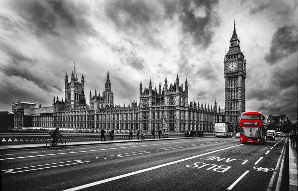 Vladimir Kostka, London Doubledecker (Big Ben, Buckingham Palast,  England, London, Städte, Bus, Doppelstock, Colorspot, Fotokunst, Wunschgröße, Wohnzimmer, Treppenhaus, rot/schwarz/weiß)