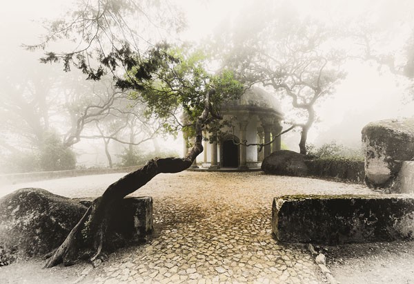 Vladimir Kostka, MISTY CHAPEL (Nebel, Dunst, Kapelle, Baum, knorrig, mystisch, Fotokunst, Wunschgröße, Wohnzimmer, Treppenhaus, bunt)