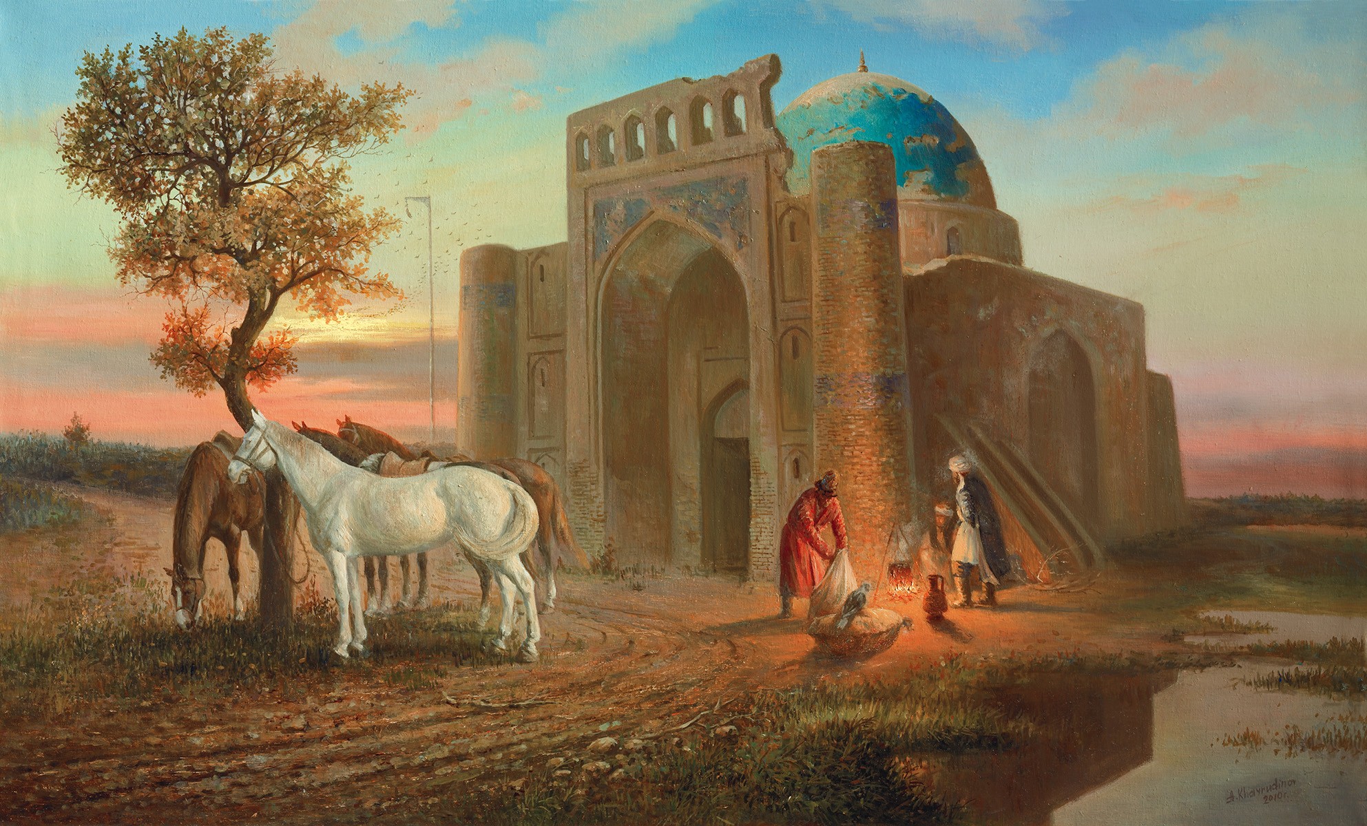 A. Chairudinov, Mosque (Moschee, Architektur, Reiter, Pferde, OrientAbendstimmung, Lagerfeuer, Sonnenuntergang, Nostalgie,  Malerei, Wunschgröße, Wohnzimmer, Treppenhaus, bunt)