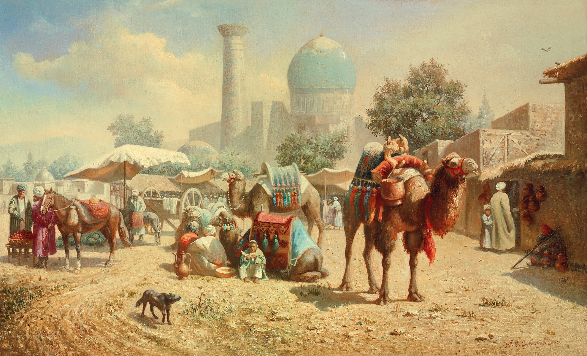 A. Chairudinov, Caravan (Moschee, Orient, Karawane, Kamele,  Nostalgie,  Malerei, Wunschgröße, Wohnzimmer, Treppenhaus, bunt)