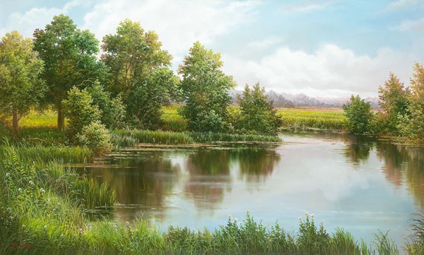 Svetlana Osipova, NEAR VOLGOGRAD (Landschaft, Landschaftsmalerei, Bäume, Teich, Bach, Idylle, Natur, Wunschgröße, Malerei, Wohnzimmer, bunt)