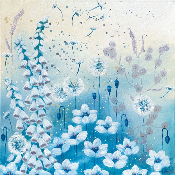 Kaye Lake, MEADOW SEEDS II (Malerei, Natur, Blumen, Blüten, Blumenwiese, Samen, Pusteblumen,  Wunschgröße, Treppenhaus, Wohnzimmer, hellblau)