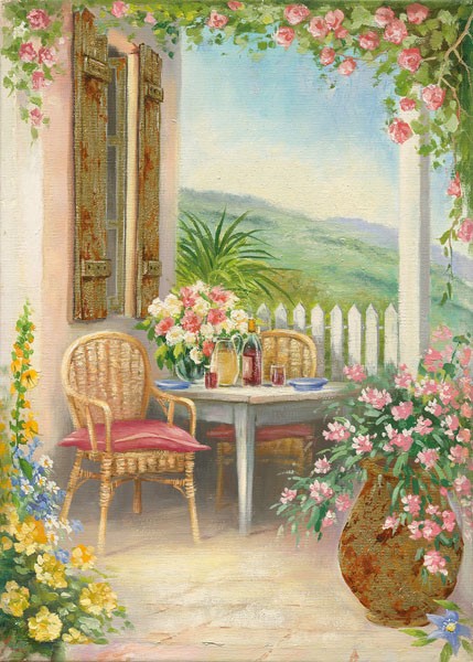 Eric Erwin, VERANDA I (Veranda, Terrasse, mediterran, südländisch, Idylle, Nostalgie, Sommer, Urlaub, Treppenhaus, Wohnzimmer, Wunschgröße, Malerei, bunt)