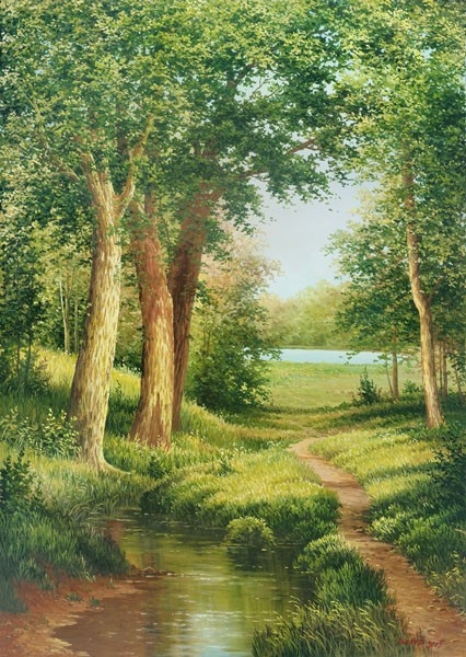 Svetlana Osipova, THE GREEN MAY (Landschaft, Landschaftsmalerei, Bäume, Waldweg, Pfad, Wald, Bach, Idylle, Natur, Frühling, Mai, Wunschgröße, Malerei, Wohnzimmer, bunt)