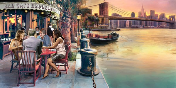 Michael Tarin, BROOKLYN CAFE (Sommer, Cafe, Brooklyn-Bridge, Brücke, Manhattan, New York,  moderne Malerei, zeitgenössisch, Wohnzimmer, Treppenhaus, Wunschgröße, bunt)
