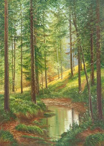 Svetlana Osipova, SUNLIT FOREST (Landschaft, Landschaftsmalerei, Bäume, Birken, Wald, Bach, Idylle, Natur, Wunschgröße, Malerei, Wohnzimmer, bunt)