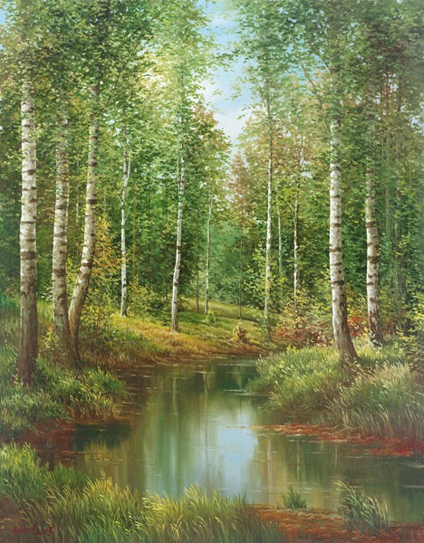 Svetlana Osipova, IN THE PARK (Landschaft, Landschaftsmalerei, Bäume, Birken, Wald, Bach, Idylle, Natur, Wunschgröße, Malerei, Wohnzimmer, bunt)