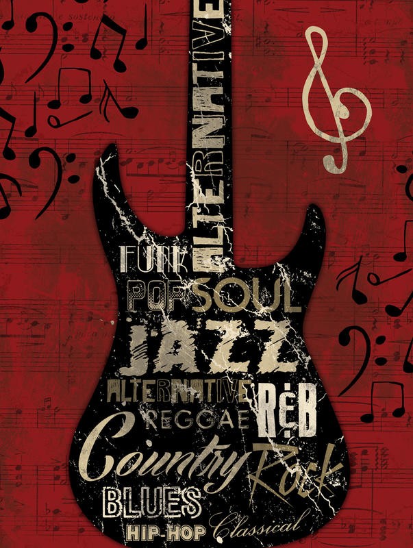 Jace Grey, JAZZ GUITAR (Musikinstrument,Gitarre, E-Gitarre, Silhouette, Typografie, Buchstaben, Worte, Noten, Nostalgie, Wunschgröße, Grafik, Wohnzimmer, Treppenhaus, schwarz/rot)