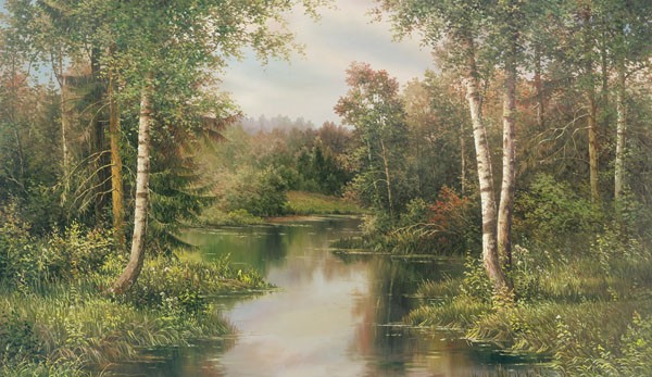 Svetlana Osipova, RIVER LANDSCAPE (Landschaft, Landschaftsmalerei, Bäume, Birken, Wald, Fluss, Idylle, Natur, Wunschgröße, Malerei, Wohnzimmer, bunt)