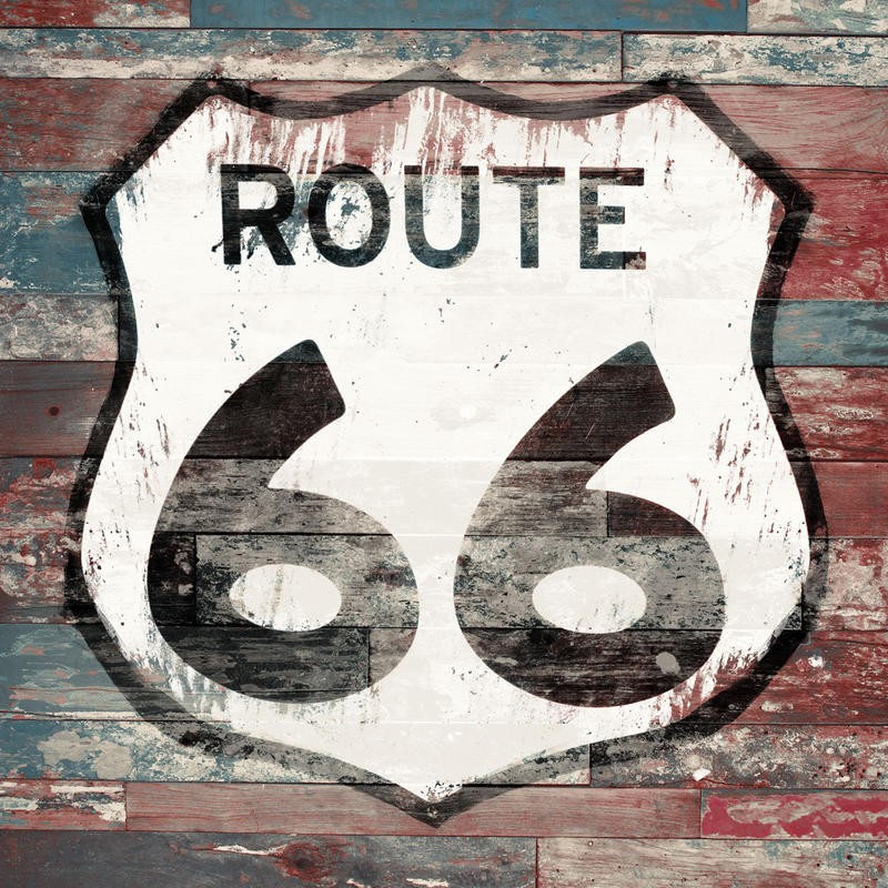 Jace Grey, ROUTE 66 WOOD I (Reisen, retro, vintage, Landstraße, Highway, Typografie, Treppenhaus, Jugendzimmer, Grafik, Wunschgröße, bunt)