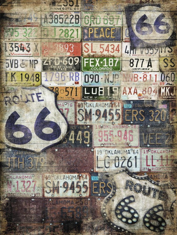 Jace Grey, ROUTE 66 LICENCE I (Reisen, Autokennzeichen, Landstraße, Highway, Typografie, Treppenhaus, Jugendzimmer, Grafik, Wunschgröße, bunt)