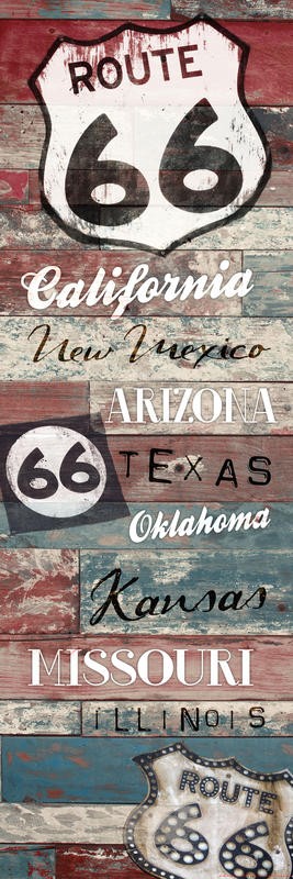 Jace Grey, ROUTE 66 WOOD PANEL II (Reisen, retro, vintage, Landstraße, Highway, Typografie, Treppenhaus, Jugendzimmer, Grafik, Wunschgröße, bunt)