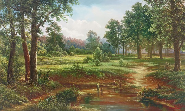 Svetlana Osipova, AFTERNOON CALM (Landschaft, Landschaftsmalerei, Bäume, Pfad, Weg, Wald, Idylle, Natur, Malerei, Wohnzimmer, Wunschgröße, bunt)
