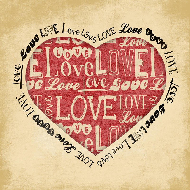 Jace Grey, LOVE I (Herz, Schriften, Typografie, Liebe, Grafik, Nostalgie, Wunschgröße, Grafik, Wohnzimmer, Treppenhaus, sepia/rot)