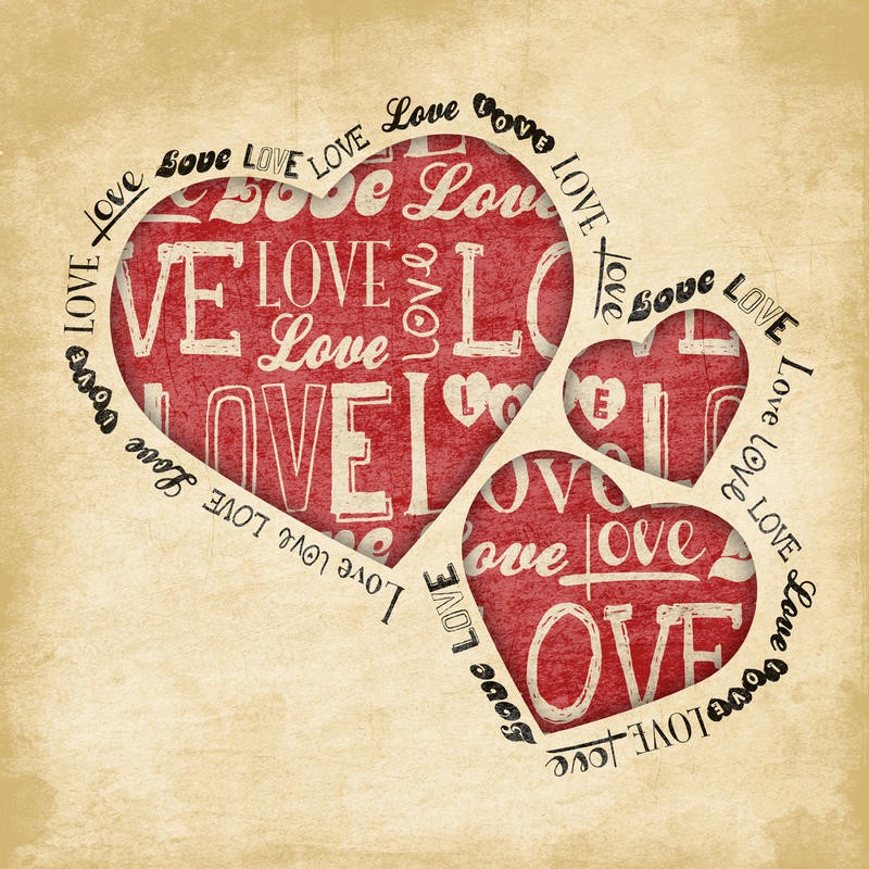 Jace Grey, LOVE II (Herzen, Schriften, Typografie, Liebe, Grafik, Nostalgie, Wunschgröße, Grafik, Wohnzimmer, Treppenhaus, sepia/rot)