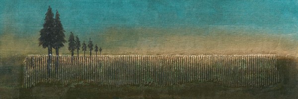 Umang Kikani, FIR TREES I (Landschaft, Landschaftsmalerei, Bäume, Tannen, Horizont, zeitgenössisch, modern, Wunschgröße, Wohnzimmer, Schlafzimmer, blau/grün)