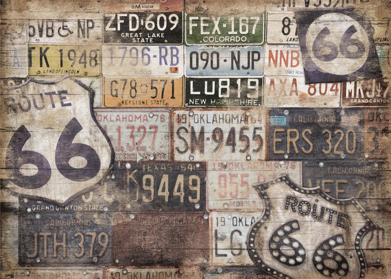 Jace Grey, ROUTE 66 LICENCE II (Reisen, retro, vintage, Landstraße, Highway, Autokennzeichen, Typografie, Treppenhaus, Jugendzimmer, Grafik, Wunschgröße, bunt)