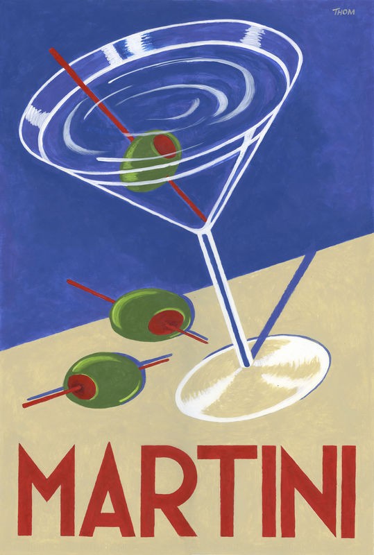 Thom Reaves, RETRO MARTINI (Aperitif, Martini, Oliven, Plakatkunst, Werbung, Retro, Vintage, Nostalgie, Wunschgröße, Grafik, Küche, Esszimmer, Bar, Gastronomie, Bistro, bunt)