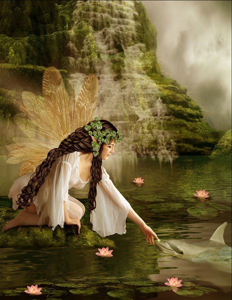 Babette, WATER FAIRY (Elfe, Wasserelfe, See, Teich, Seerosen, Fisch, Vertrauen, mystisch, Fantasy, Märchen, Traumwelt, Jugendzimmer, Schlafzimmer, Wohnzimmer, Treppenhaus, Wunschgröße, Digitalkunst, bunt)