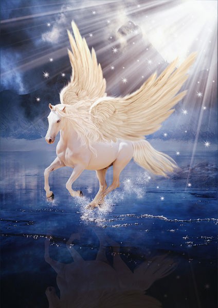 Babette, PEGASUS (Pgasus, Fabelwsen, Pferd, Schimmel, spirituell, Lichtstrahlen, geheimnisvoll, mystisch, Fantasy, Märchen, Traumwelt, Jugendzimmer, Schlafzimmer, Wohnzimmer, Treppenhaus, Wunschgröße, Digitalkunst, blau/weiß)