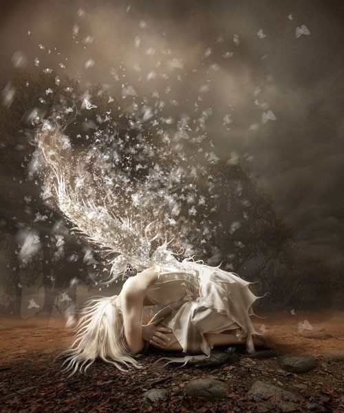 Babette, SORROW (Engel, Engelsflügel, Schmetterlinge, Trauer, Stimmung, Magie, mystisch, Fantasy, Traumwelt, Märchen, Jugendzimmer, Schlafzimmer, Wohnzimmer, Treppenhaus, Wunschgröße, Digitalkunst, bunt)