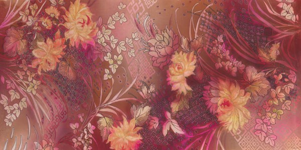 Michael Ganz, SILK TAPESTRY (Blumen, Blüten, florale Muster, Tapete, dekorativ, Wunschgröße, Treppenhaus, Schlafzimmer, Wohnzimmer, Malerei, rot)