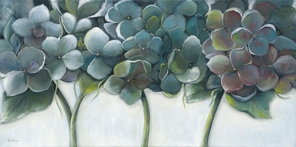 Rian Withaar, BLUE HYDRANGEAS (Blumen, Blüten, Hortensien, Pflanzen, modern, zeitgenössisch, Treppenhaus, Wohnzimmer, Wunschgröße, Malerei, bunt)