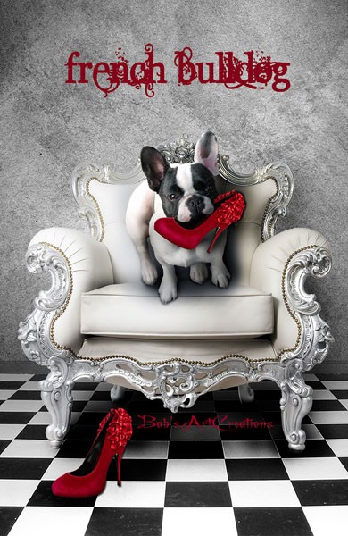 Babette, FRENCH BULLDOG (Bulldogge, Sessel, Schuh, Pumps, Jugendzimmer, Wohnzimmer, Treppenhaus, Wunschgröße, Digitalkunst, rot/grau)