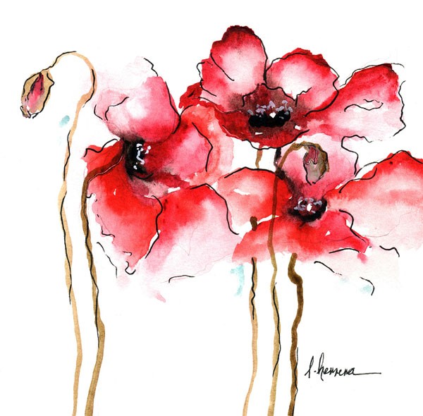 Leticia Herrera, WATERCOLOR POPPIES I (Blume, Mohnblume, Aquarell, Malerei, modern, zeitgenössisch,   Wunschgröße, Wohnzimmer,  Treppenhaus, Wunschgröße, rot/weiß)